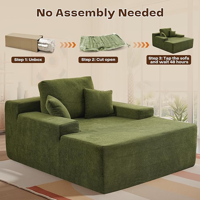 Chaise Lounge Chair Indoor, Oversized Sleeping Couch 67" L * 48.5" W Assembly Free Modern Minimalist Sofa, Extra Deep Large Single Seat Sofa for Living Room (Green Velvet Fabric)
