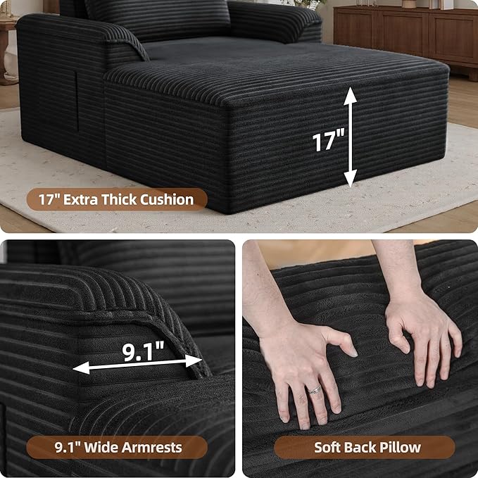 Claiks 68" Oversized Chaise Lounge Chair Indoor, Corduroy Upholstered Boneless Sofa Bed, Deep Seat Sleeper Couch with Pillows and Armrest, Cloud Sofas Reading Chair for Living Room, Black