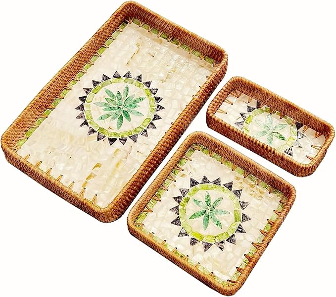 i-lan Set of 3 15" Rattan Woven Serving Tray Basket with MOP Wooden Base and Handles, Boho Wicker Coffee Table Décor Serving Tray with 2 Inch Wall, Handmade Display Basket for Everywhere