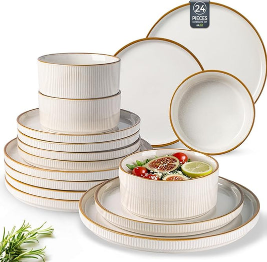 GBHOME Stoneware Dinnerware Sets for 8, Round Reactive Glaze Ceramic Plates and Bowls Set, Highly Scratch Resistant | Dishwasher & Microwave Safe Set，Service for 8（24pcs)