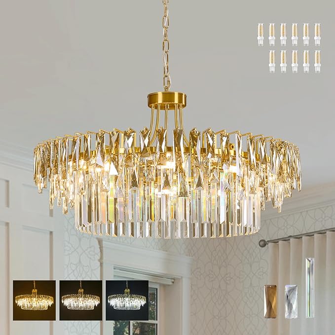 Modern Large Round Crystal Chandelier - 31.5'' Luxury K9 Crystals Chandeliers for Dining room,3 Tier Raindrop Chandelier for Living room,Gold Contemporary Light Fixture for Bedroom Foyer Kitchen