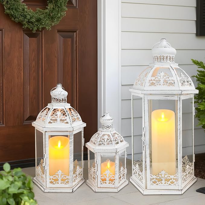 TRIROCKS Large Set of 3 Decorative Lanterns 19''&13.5''&9.5" H Vintage Hanging Lantern Metal Candleholder with Tempered Glass for Indoor Outdoor Home Decor Parties Garden(White with Grey Brush)