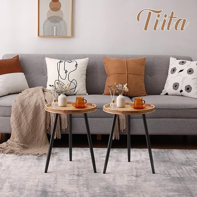 Tiita Round End Table Mental Side Table Nightstand/Small Wood Tables Accent Coffee Table with Wooden Tray for Living Room Bedroom Office Small Space