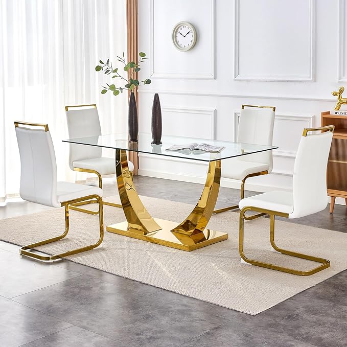 63” Glass Dining Table Set for 4,Gold Dining Room Table Set for 4,Modern Kitchen Table and PU Leather Chairs for 4, Dinner Table with Rectangle Tempered Glass Top and Golden Base