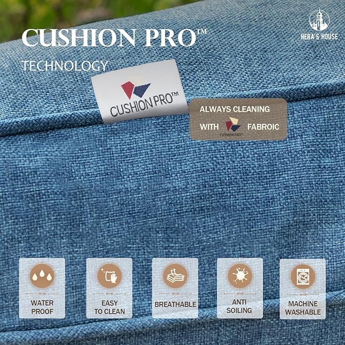 HERA'S HOUSE 4 Piece Patio Furniture Set, 2 x Metal Frame Cushioned Chair, 3-Seat Sofa with Marbling Coffee Table, All Weahter Outdoor Conversation Set for Lawn Garden Backyard, Navy Blue