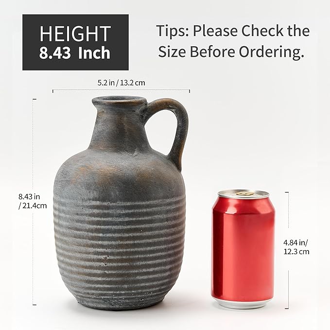 SIDUCAL Rustic Ceramic Farmhouse Flower Vase with 1 Handle-Height 8.43" Terracotta Vase, Unique Textured Pottery Flower Vases for Home Decor, Table, Wedding, Living Room, Shelf Decor, Bronze Black