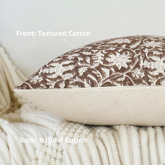 Floral Throw Pillow Covers 18x18 Farmhouse Block Print Pillow Covers Decorative Pillow Covers Couch Pillows for Living Room Vintage Accent Sofa Pillows Set of 2, Brown