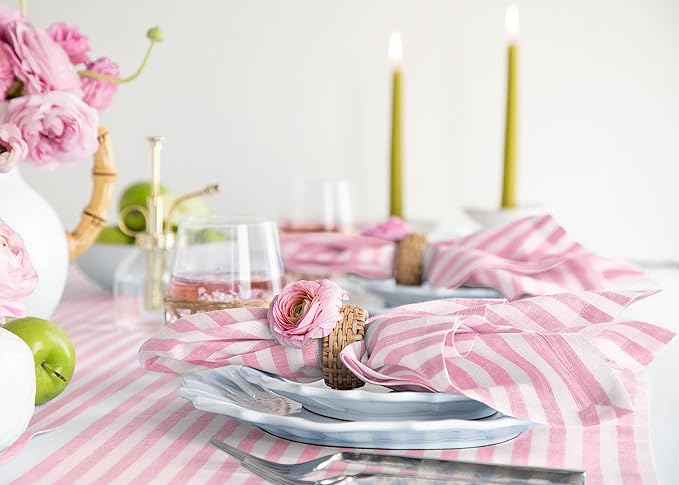 Solino Home Linen Napkins Set of 4-100% Pure Linen Amalfi Stripe Cherry Blossom and White Cloth Dinner Napkins 20 x 20 Inch - Handcrafted and Machine Washable