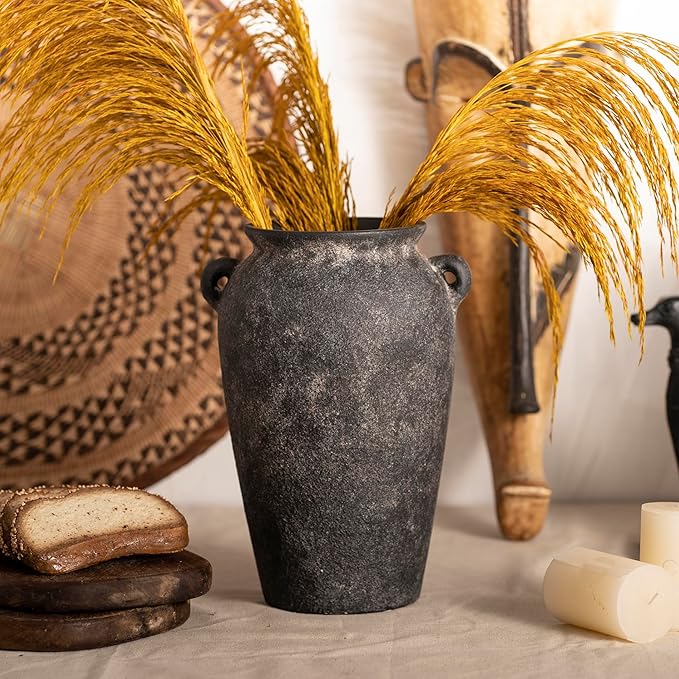 Terracotta Vase 10inch Tall, Farmhouse Distressed Ceramic Pottery, Unique Textured Stoneware Mantel Decoration, Black Boho Vintage Stone Vases for Flowers, Centerpieces, Living Room.