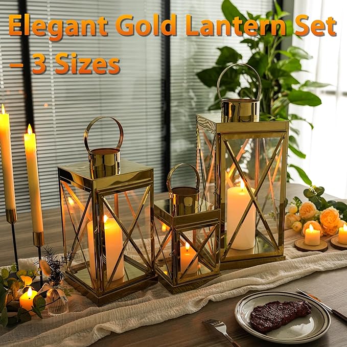 TRIROCKS Gold Stainless Steel Lantern Set of 3-Square Elegance 8/12/16 Inch Opulent Metal Candle Lanterns Candle Holder with Tempered Glass for Home Garden Indoor Outdoor Decor Celebratory Everyday