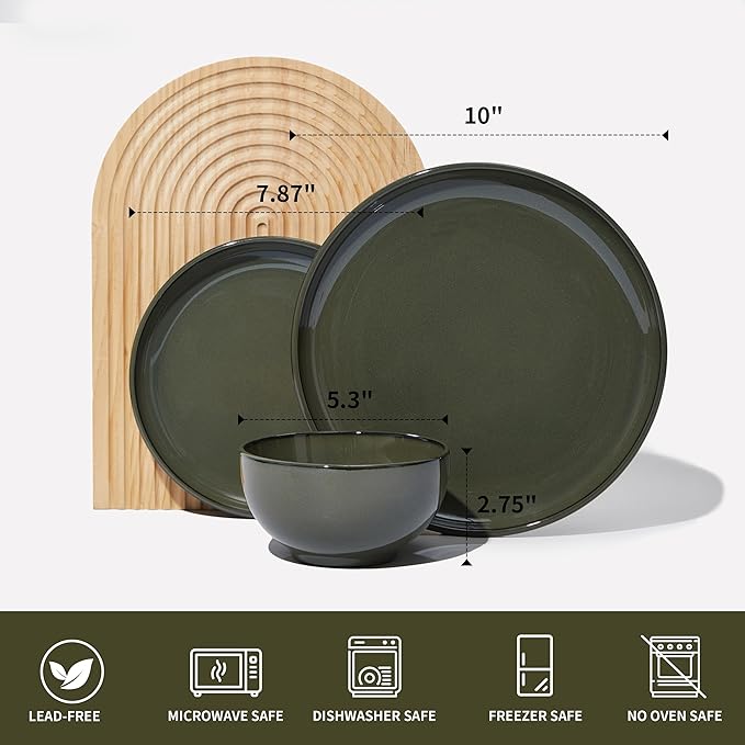 Santorini Mist Terracotta Reactive Glaze Plates and Bowls Sets, Stoneware Dinnerware Sets, Microwave and Dishwasher Safe Ceramic Dish Set Service for 4, Blackish Green