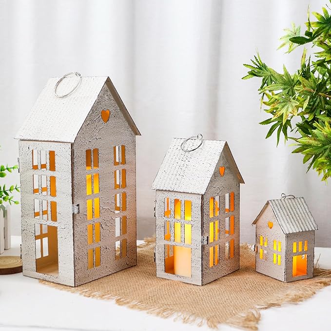 TRIROCKS 3 Pcs Decorative Vintage Mantel Shelf Tea Light Lanterns 13.5"&9.5"&5.5" H Modern Farmhouse Candle Holders for Home Garden Yard Patio Wedding Parties Christmas Indoors Outdoors(Cream White)