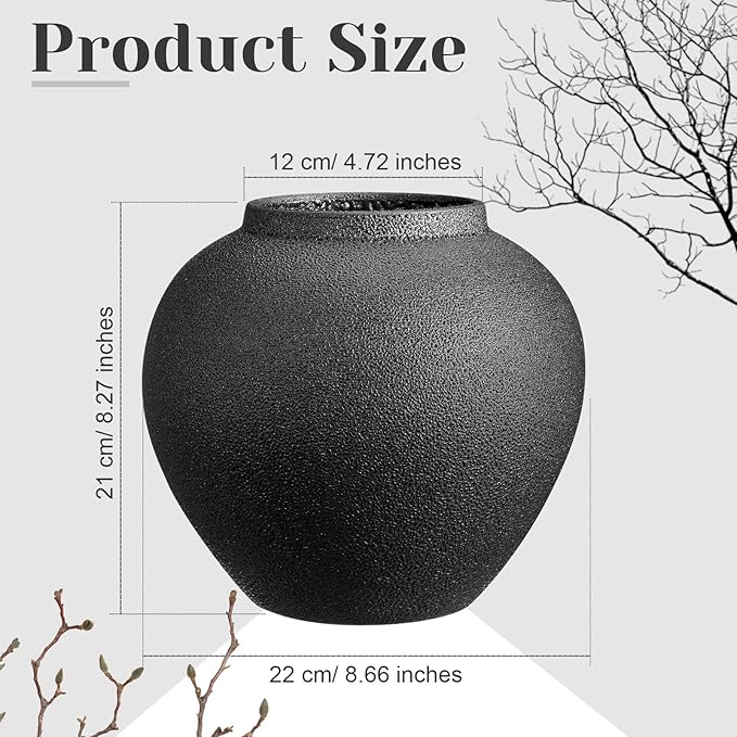 Black Ceramic Decorative Flower Vase 8.27" x 8.66" Textured Round Rustic Pottery Vintage Large Vase for Home Decor Centerpieces Living Room Christmas Decoration