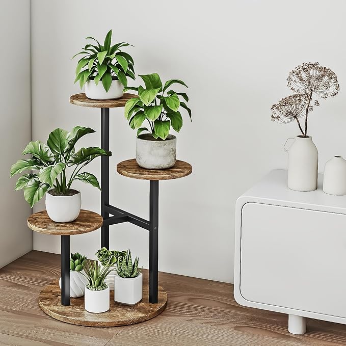 Plant Stand Indoor 4 Tier 5 Potted Multiple Flower Pot Holder for Patio Garden Balcony Living Room Corner (4 Tier Black+Rustic Brown)