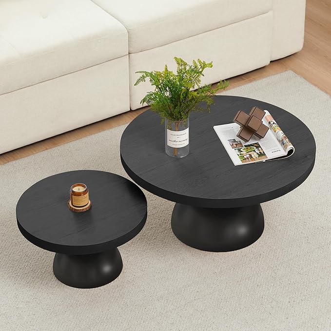 Solid Wood Round Nesting Coffee Table Set of 2, Circle Accent Tables with Unique Semi-Circular Legs, Mid Century Modern Side End Table Set for Small Space Living Room Office (Black)