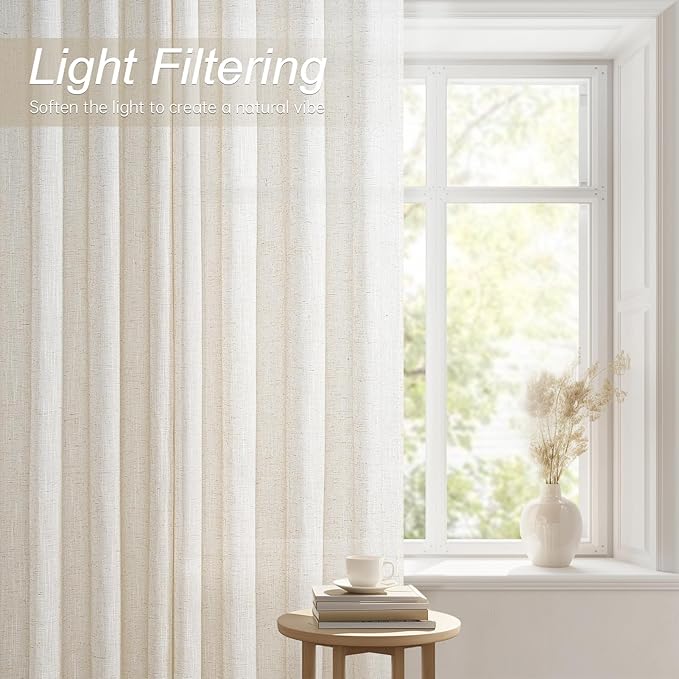 Linen Sheer Curtains 96 Inches Long for Living Room 2 Panel Set Cream Ivory Light Filtering Pleat Drapes with Grommet Natural Boho Farmhouse 96 Inch Curtain Drapes for Bedroom Window 52"x96"