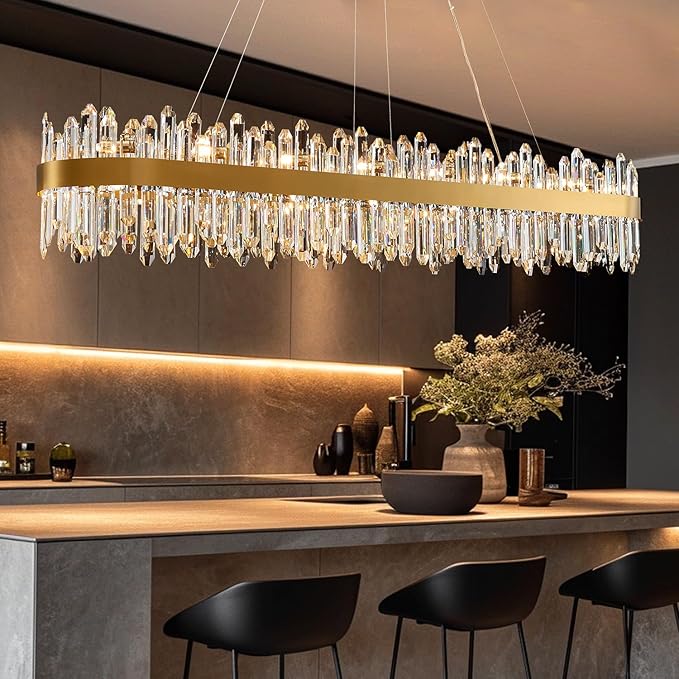 Modern Crystal Chandelier, L57'' Rectangle Gold Raindrop Chandelier Luxury Oval Pendant Ceiling Light Fixture for Living Room Dining Room Kitchen Island, G9 x 32 Lights