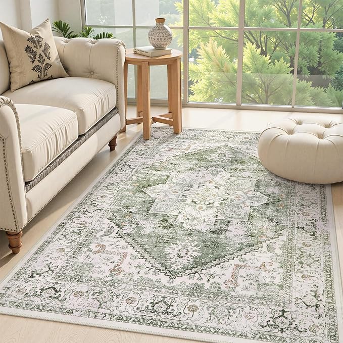 LIVEBOX Washable Area Rug 4x6 Vintage Tribal Bedroom Rugs Vintage Low-Pile Indoor Rug for Living Room, Non-Slip Retro Carpet Print Distressed Accent Carpet for Kitchen Entryway Office Camper, Sage