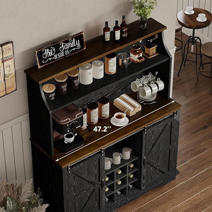 47 Inch Farmhouse Coffee Bar Cabinet with 3-Tier Storage, Coffee Bar Hutch with 9 Wine Racks, 3 Glass Holders, 6 Hooks, Kitchen Hutch for Dining Living Room, Black
