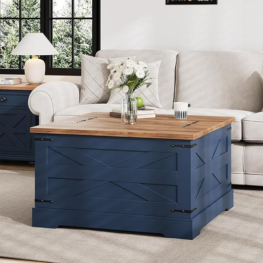 Farmhouse Coffee Table with Hidden Storage, Navy Blue Square Coffee Table for Living Room, Wood Large Center Table with Hinged Lift Top for Home, Office
