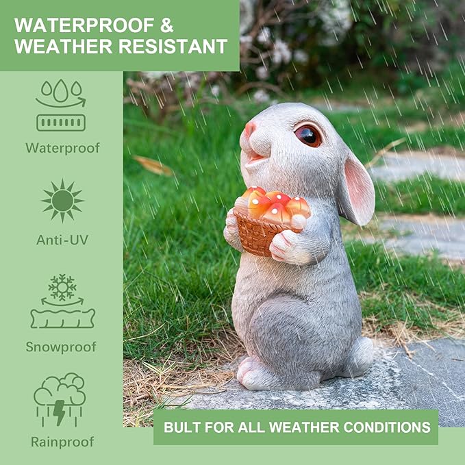 Solar Rabbit Garden Statues Outdoor Bunny Decor Resin Bunny Figurine Holding Mushroom with LED Lights for Porch Patio Lawn Yard Housewarming Gardening Gifts for Mom Grandma