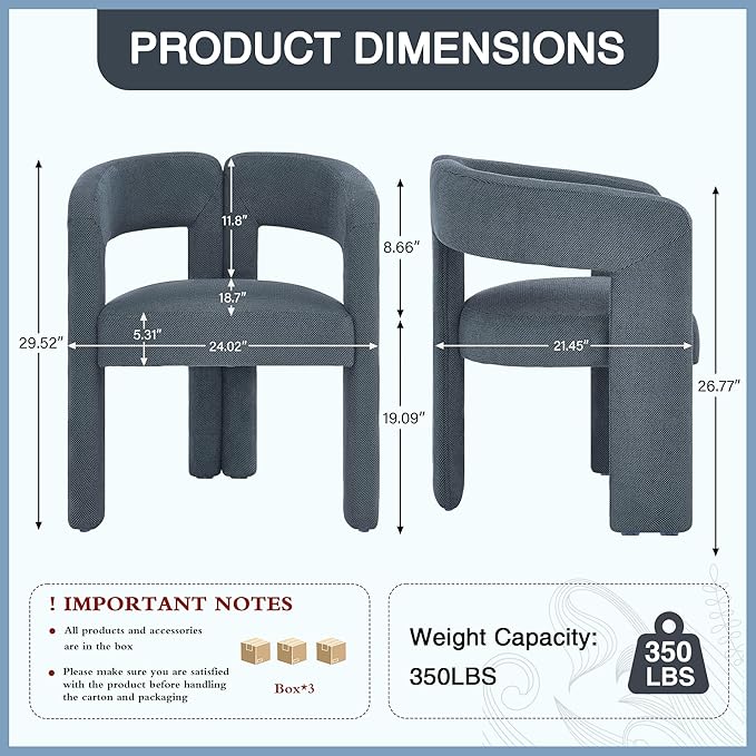 Modern Barrel Dining Chairs Set of 3, Upholstered Linen Dining Room Chair with Wooden Legs, Accent Chairs for Kitchen/Dining Room/Living Room, Blue