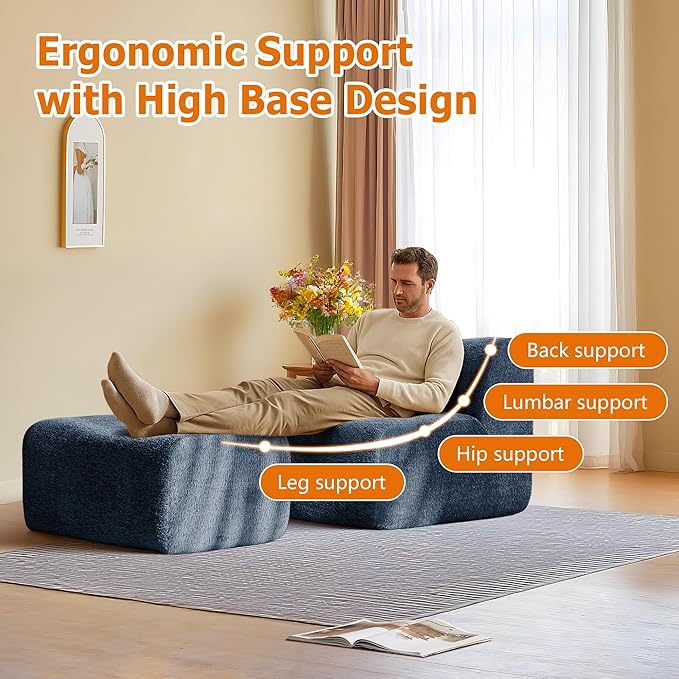 Lazy Sofa Chair, Modern Comfy Raindrop Velvet Fabric Deep Seat Armless Lounge Chair Movable Ottoman Set, 1-Seater Modular Sectional Sleeper Couch for Living Room, Bedroom, Office, Salon, Blue