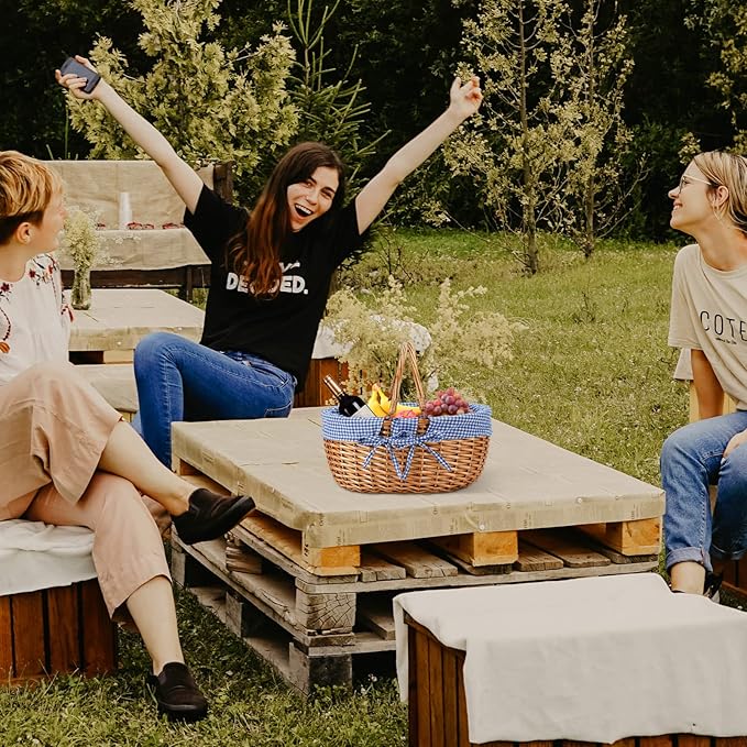 G GOOD GAIN Wicker Picnic Basket with Double Folding Handles,Willow Picnic Hamper,Natural Hand Woven Easter Basket,Easter Eggs and Candy Basket,Bath Toy and Kids Toy Storage,Gift Packing Basket.Blue