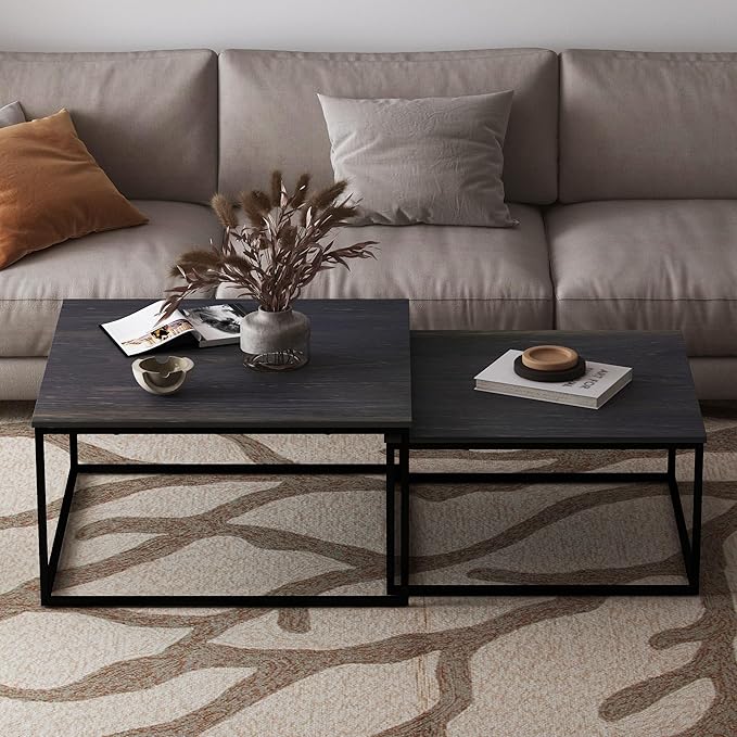 Nesting Coffee Table Set of 2,Outdoor Coffee Table,Industrial End Table Side Tables for Living Room Bedroom (Black)