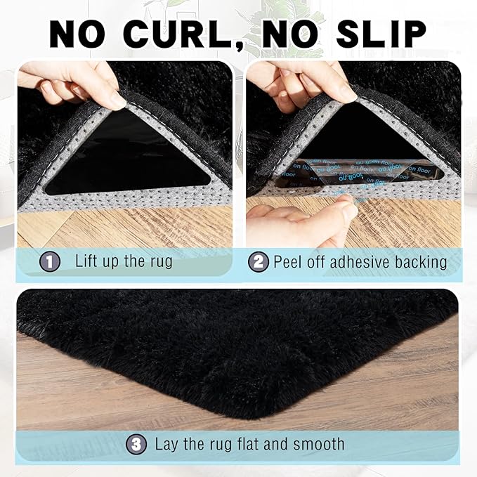 Black Area Rug for Bedroom, 2x3 Small Rugs for Living Room Nursery Kids Room Dorm Home Decor Aesthetic, Fluffy Shaggy Rug with 4 Anti-Slip Carpet Tapes