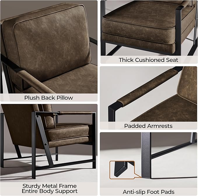 Yaheetech PU Leather Armchairs, Retro Leisure Accent Chair with Extra Soft Padded and Cushion, 105 Degree Slant Back, Modern Reading Arm Chair for Living Room/Office/Bedroom/Study, 2pcs, Brown