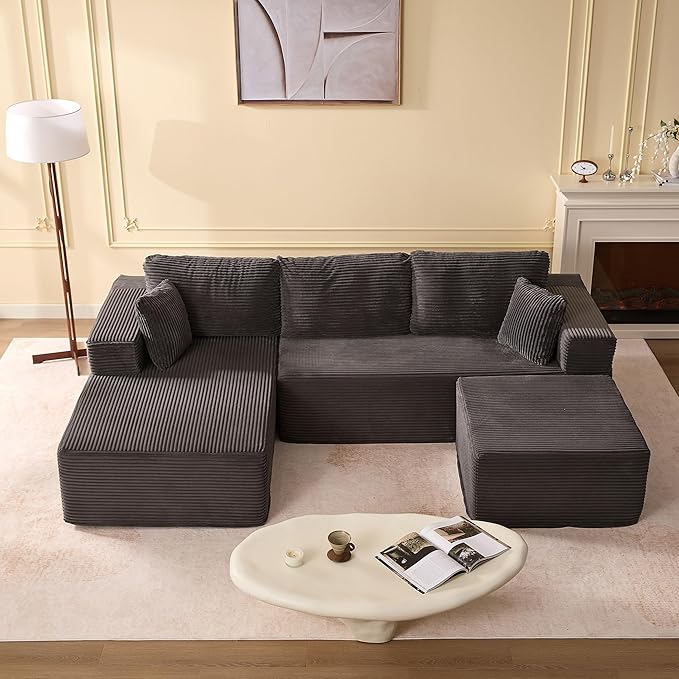 107" Boneless Couch with Deep Seat, Modular Sectional Sofa, Cloud Sectional Couch for Living Room, No Assembly Required, Corduroy, U-Shape 3 Seater Left, Gray