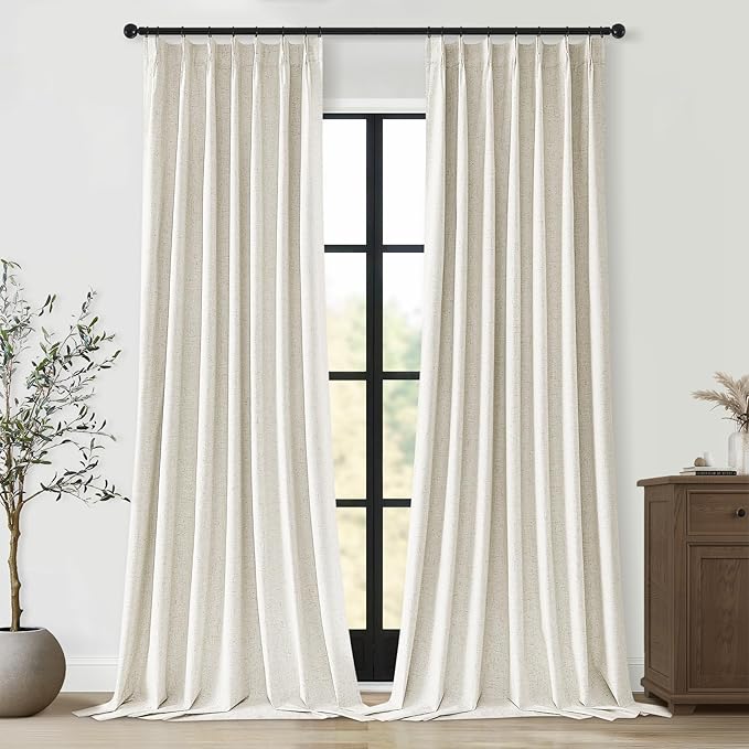 Topfinel 94 Inches Long Full Blackout Linen Curtains for Bedroom, Pinch Pleated Sound Block Curtains, Beige Decorative Elegant Farmhouse Lined Drapes 2 Panels Set for Living Room Sliding Door