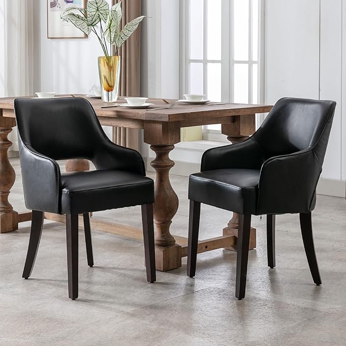 PU Leather Dining Chairs Set of 2 Upholstered Armchair Side Chairs Wood Accent Chair for Living Room/Dining Room/Bedroom/Restaurant, Black