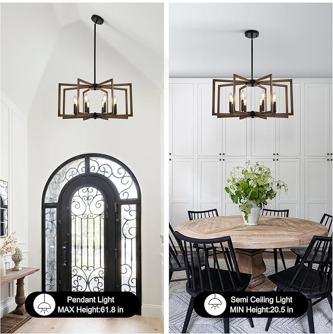 8-Light Metal Geometric Chandelier，Large Kitchen Pendant Lighting Over Island，Farmhouse Dining Room Light Fixture，Wood Grain Finish and Black Modern Chandelier