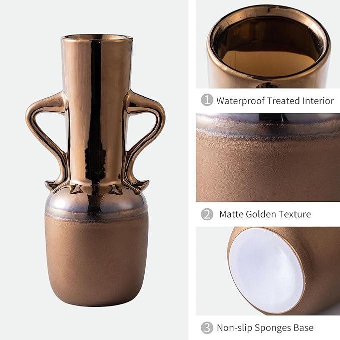 Gold Ceramic Vase with Handles, Brown Rustic Farmhouse Vintage Flower Vases Home Decor, Modern Amber Tall Centerpiece Floral Large Vases for Living Room, Bedroom, Office Metal Glaze Finish 11 Inch