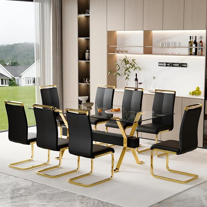 9 Piece Glass Dining Table Set, 79" Modern Dining Table Set for 8, 0.5" Thick Tempered Glass Tabletop with Gold Chrome Metal Legs and Black Crossbar, 8 PU Chairs for Dining Room, Kitchen