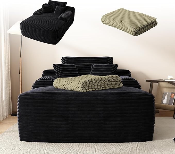 67" Oversized Chaise Lounge Chair with Cover, Comfy Sleeper Sofa Bed, Black Plush Corduory Couch for Living Room,Sofa in A Box,No Assembly Required (Breathable Khaki Cover).
