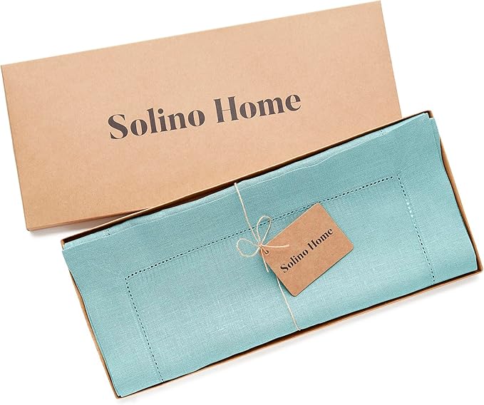 Solino Home Linen Aqua Blue Table Runner 90 Inches Long - 100% Pure Linen Hemstitch 14 x 90 Inch Table Runner for Dining - Classic Hemstitch