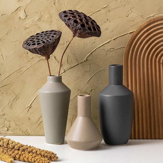 Ceramic Vase Set of 3, Modern Decorative Flower Rustic Farmhouse Decor Vase for Home Decor Bouquet Pampas Grass Dried Fresh Flowers, Living Room, Kitchen, Bedroom, Bathroom and Shelf