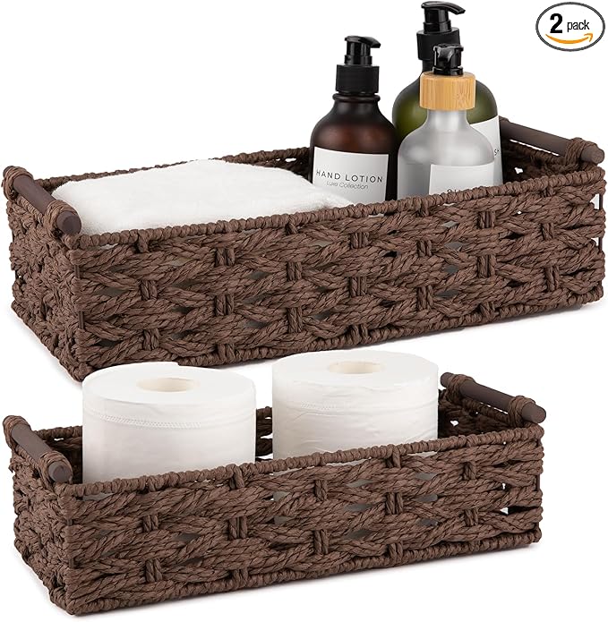 OIAHOMY Toilet Paper Baskets Handmade Paper Rope Decorative Wicker Storage Tank Shelf Cabinet Organizer for Bathroom Home, Set of 2, Brown