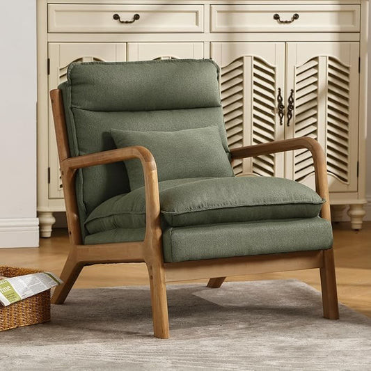 INZOY Mid Century Modern Accent Chair with Wood Frame, Upholstered Reading Armchair with Waist Cushion, Double Padded Accent Chair, Side Chair for Living Room Bedroom Office, Easy Assembly, Green
