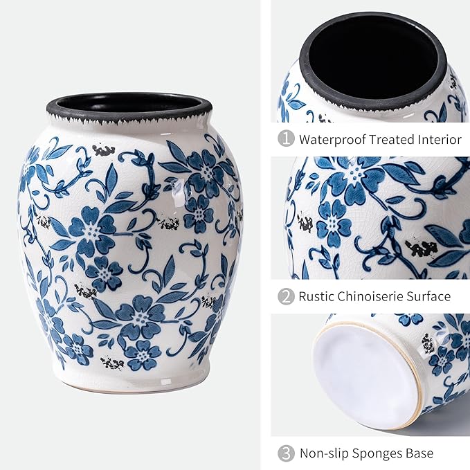 Blue and White Vintage Vase, Ceramic Chinoiserie Floral Vases, Round Farmhouse Rustic Table Centerpiece, Tuscan Home Decor, Large Crackle Glaze Flower Vase for Living Room, Office 6.9 Inch
