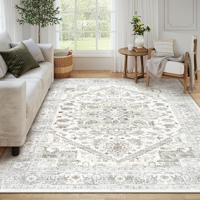 LIVEBOX Washable Area Rug 8x10 - Large Beige Vintage Tribal Living Room Rug Oriental for Bedroom, Non-Slip Retro Medallion Carpet Print Distressed for Dining Room Guest Office