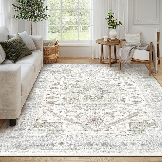 LIVEBOX Washable Area Rug 8x10 - Large Beige Vintage Tribal Living Room Rug Oriental for Bedroom, Non-Slip Retro Medallion Carpet Print Distressed for Dining Room Guest Office