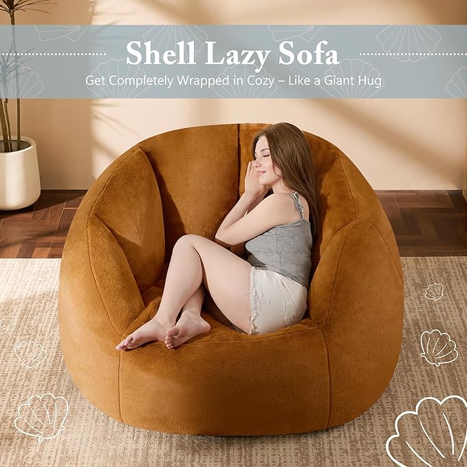 Giant Bean Bag Chaise Lounge Indoor Chair for Adults with Ottoman - Comfy Plush Round Shell Soft Accent Chair, Oversized Cozy Floor Sofa for Living Room Dorm Game Rooms, Orange