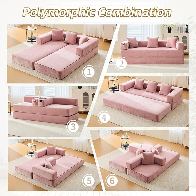 Convertible Floor Sofa Bed with Storage Pocket, Chenille Folding Mattress Sofa with Zipper Closure, Floor Lounge Couch for Living Room, Bedroom, Studio -Pink