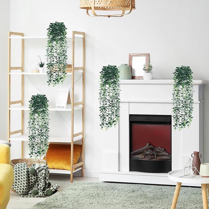 4pcs Artificial Hanging Eucalyptus Plants，Fake Plants Eucalyptus Small Decor Faux Hanging Vine Plants Wall Greenery for New Home Decoration，for Floating Shelf Indoor Outdoor