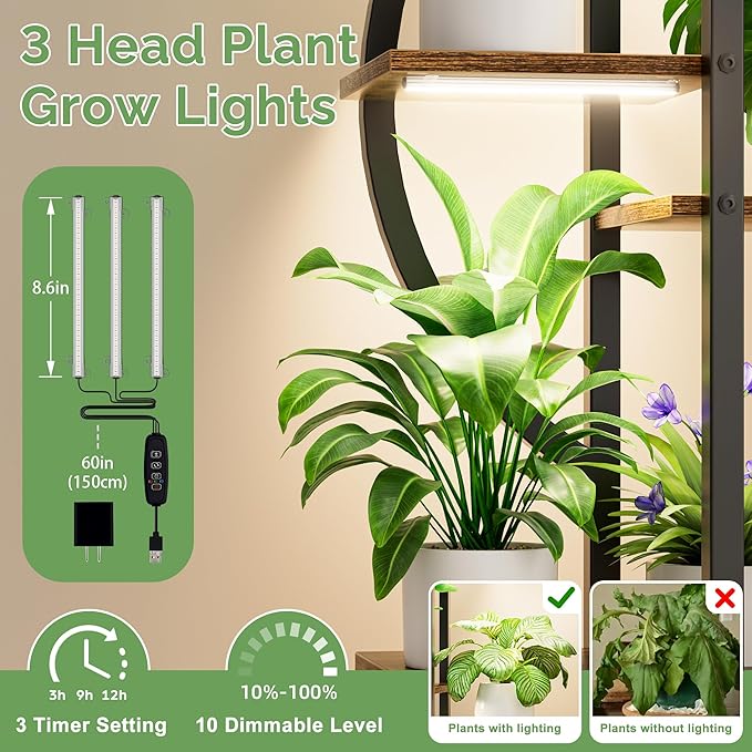 JUSTOGO 53'' Plant Stand Indoor with Grow Lights - 6 Tiered Metal Plant Shelf for Multiple Plants, Corner Rack and Home Decor, Flower Display Rack for Garden, Patio, Living Room