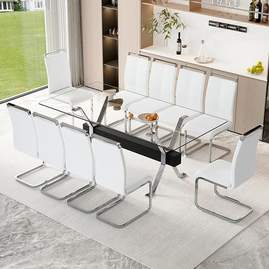 11 Piece Glass Dining Table Set, 79" Modern Dining Table Set for 10, 0.5" Thick Tempered Glass Tabletop with Silver Chrome Metal Legs and Black Crossbar, 10 PU Chairs for Dining Room, Kitchen